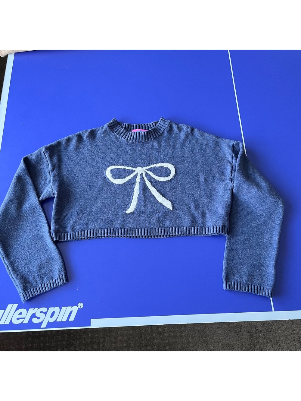 Edikted Cropped Blue Knit Sweater w White Bow Design Womens S / XS Oversized